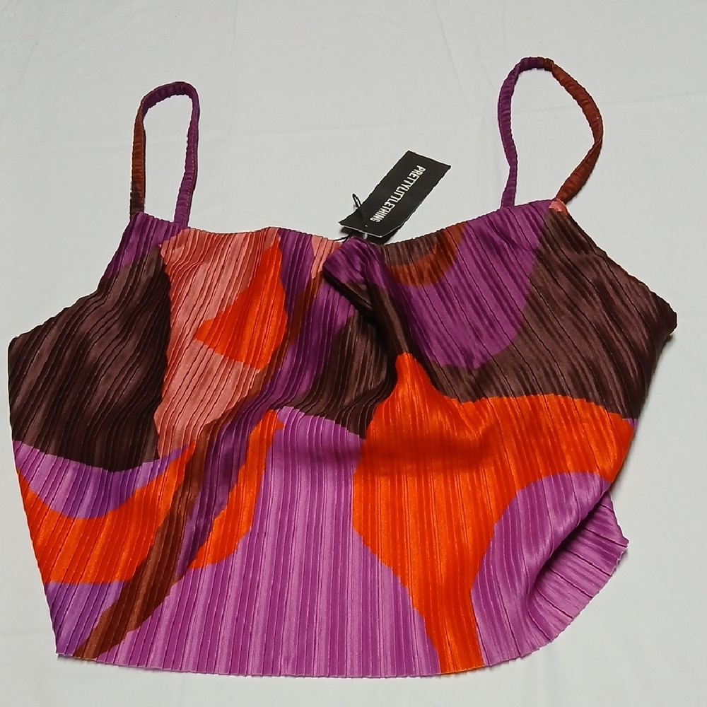 Pretty Little Thing Multicolor Plissé Spaghetti Strap Cowl Neck Crop Top Size 16
